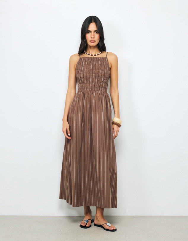 AERE - Marlowe Stripe Shirred Midi Dress
