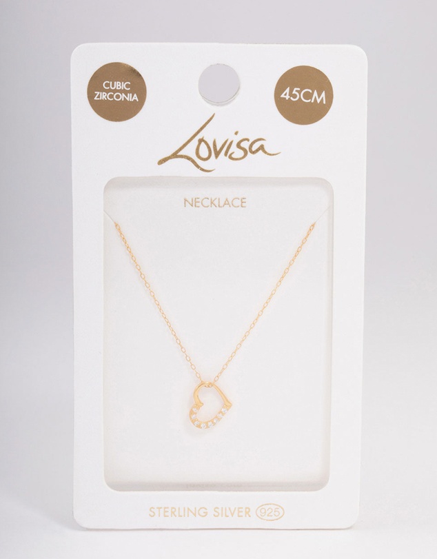 Lovisa - Gold Plated Sterling Silver Cubic Zirconia Half Paved Heart Necklace