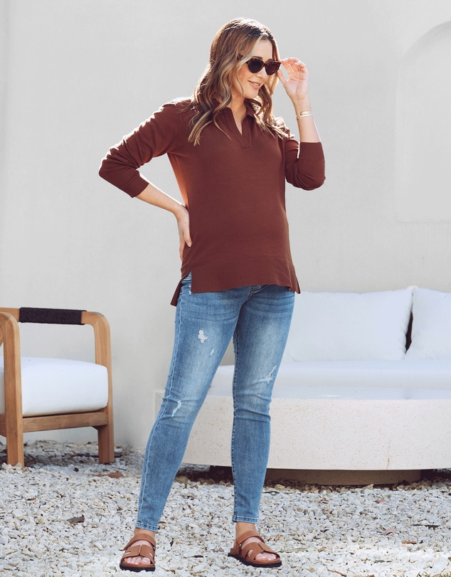 Angel Maternity - Jolie Maternity Polo Knit in Brown
