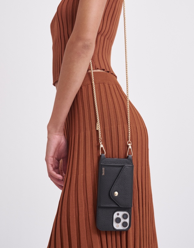 LOUVE COLLECTION - Leather Phone Case Wallet & Strap + Gaia Gold-Plated Crossbody Chain