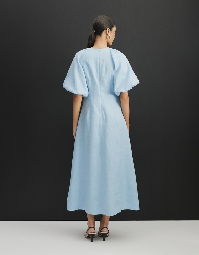 AERE - Imogen Linen Puff Sleeve Midi Dress