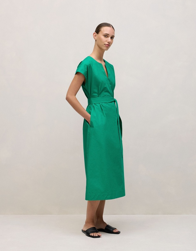 Trenery - Cotton Poplin Cap Sleeve Belted Dress in True Green