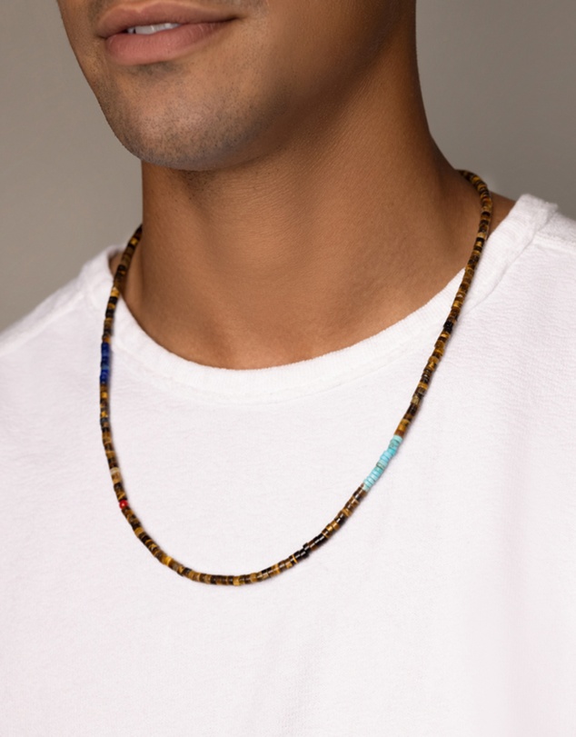 Nialaya Jewellery - Brown Tiger Eye Heishi Necklace with Blue Lapis and Turquoise
