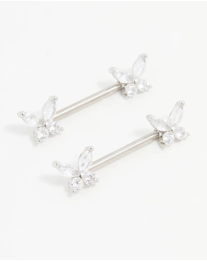 Lovisa - Titanium Cubic Zirconia Butterfly Nipple Bars 2-Pack