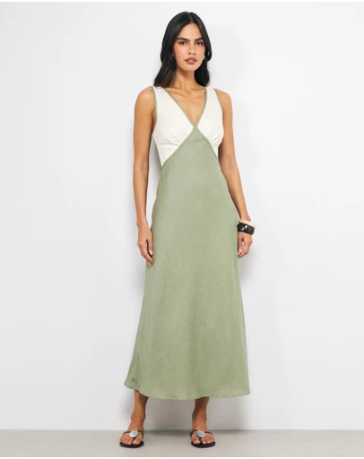 AERE - Eila Contrast Linen Slip Midi Dress