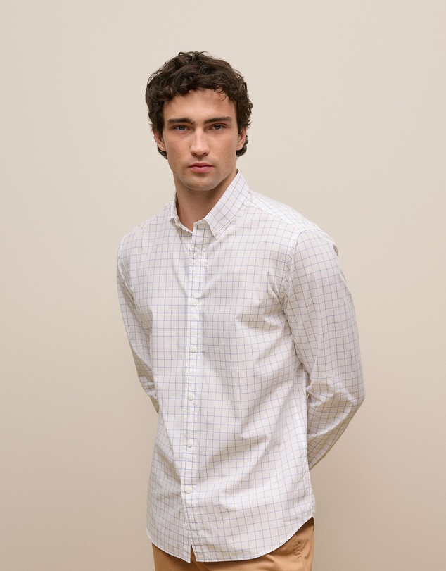 Trenery - Regular Fit Poplin Grid Long Sleeve Shirt in White