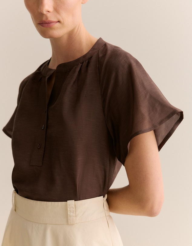 Trenery - Gather Detail Flutter Sleeve Blouse in Chocolate