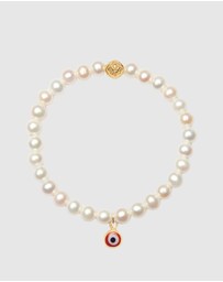 Nialaya Jewellery - Wristband with White Pearls and Red Evil Eye Charm