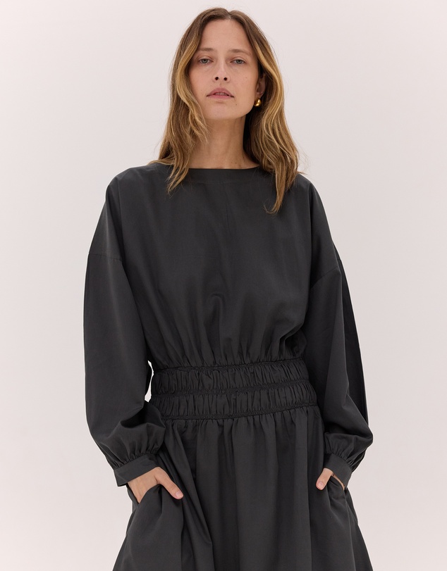 Cloth & Co. - The Shirred Billow Sleeve Dress Carbon