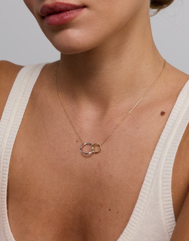 Michael Hill - Two-Tone Double Circle Link Hammered Finish Necklace in 10kt White & Yellow Gold