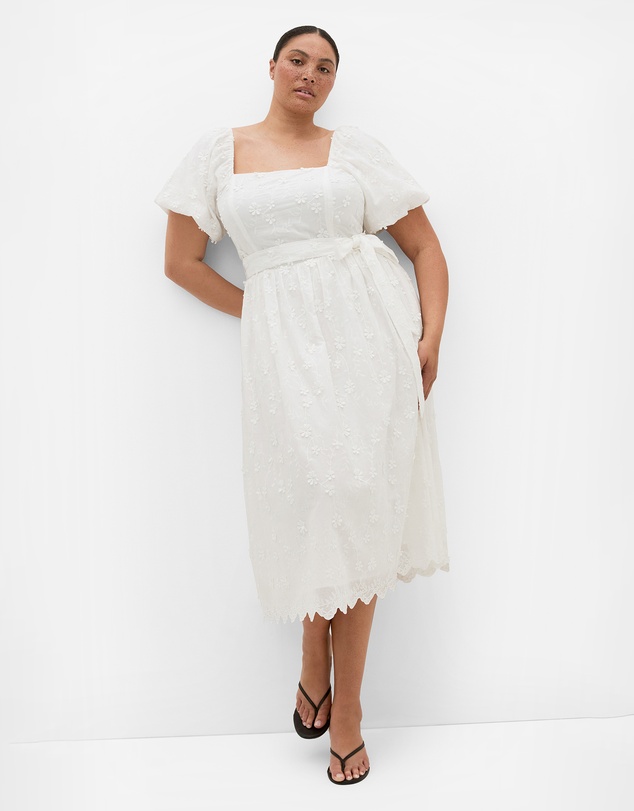 City Chic - Plus size Bridie Embroidered Puff Sleeve Midi Dress - ivory
