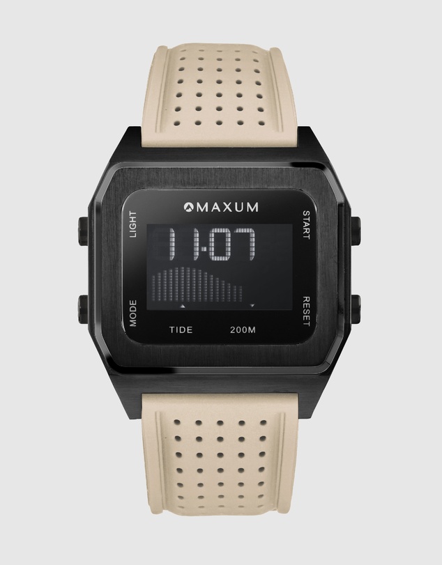 Maxum - Raglan Tide Watch – Black Case, Black Dial & Beige Silicone Strap