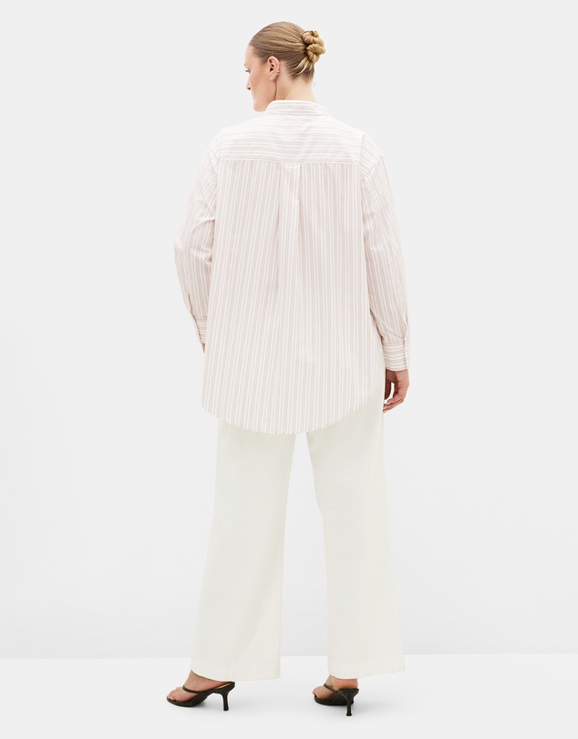 City Chic - Plus size Chiara Oversized Longline Stripe Cotton Shirt - taupe