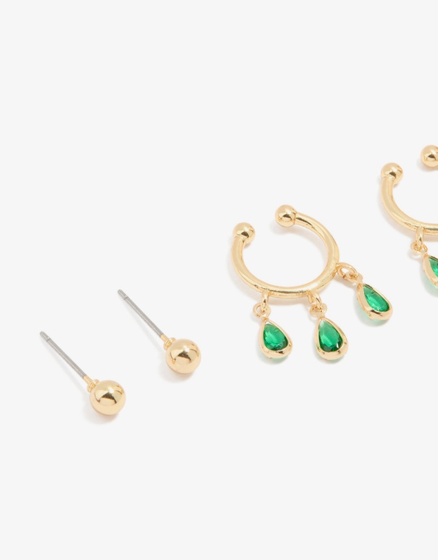 Lovisa - Gold Plated Green Cubic Zirconia Ear Cuff & Huggie Earrings 4-Pack