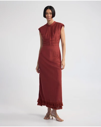 Oxford - Ingrid Fringe Trim Linen Blend Dress