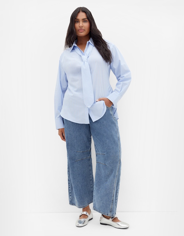 City Chic - Plus size Neck Tie Cotton Stripe Shirt - sky blue