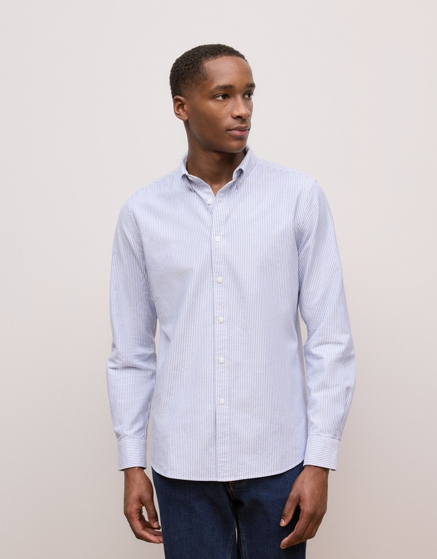 Trenery - Regular Fit Yarn Dyed Stripe Oxford Shirt in Steel Blue