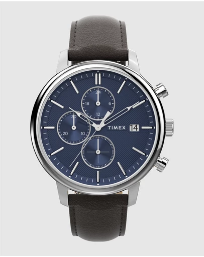 TIMEX - Chicago Chrono 45mm Silver Tone Blue Dial Brown Leather Strap
