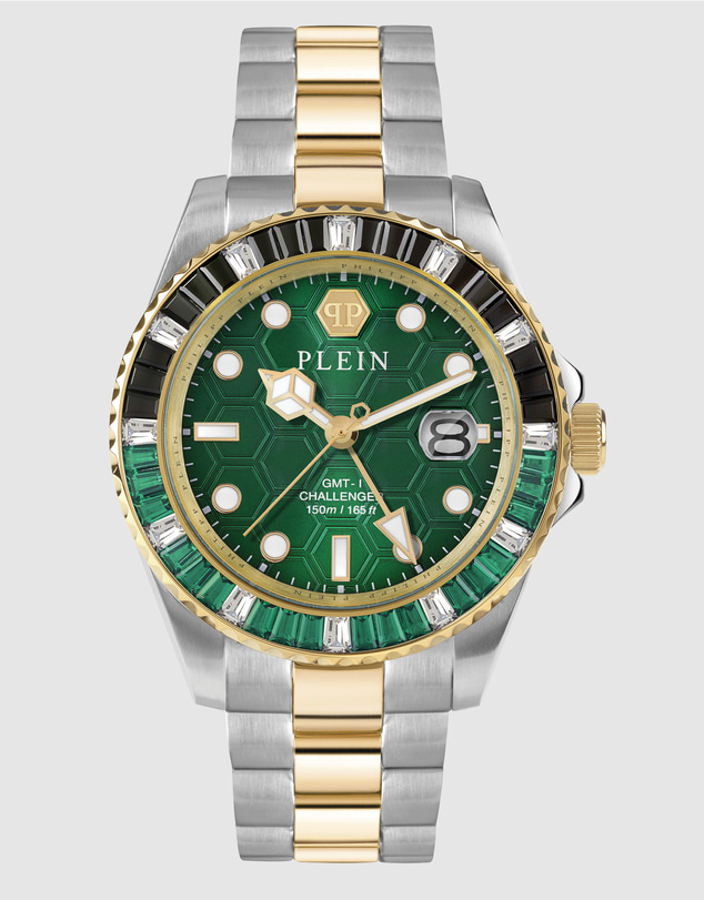 Philipp Plein - Gmt-I Challenger Two-Tone 44mm Green Dial with Baguettes-cut Crystals