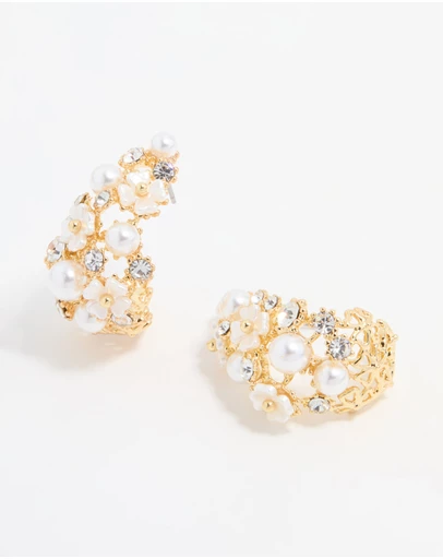 Lovisa - Gold Plated Diamante & Pearl Flower Hoop Earrings