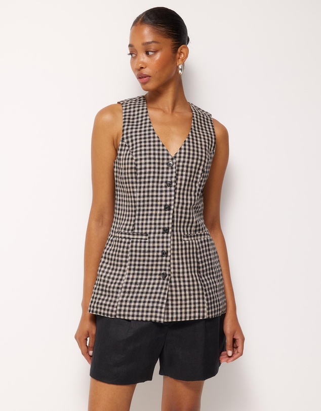 AERE - Isla Linen Gingham Vest