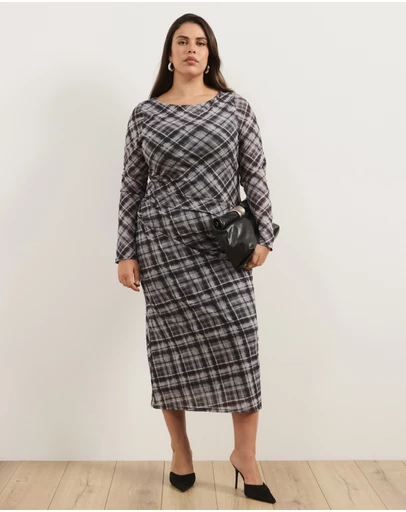 Atmos&Here Curvy - Ada Check Printed Mesh Long Sleeve Dress