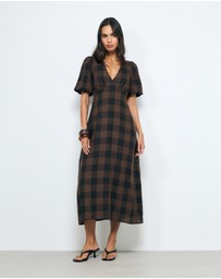 AERE - Inka Linen Gingham Puff Sleeve Midi Dress