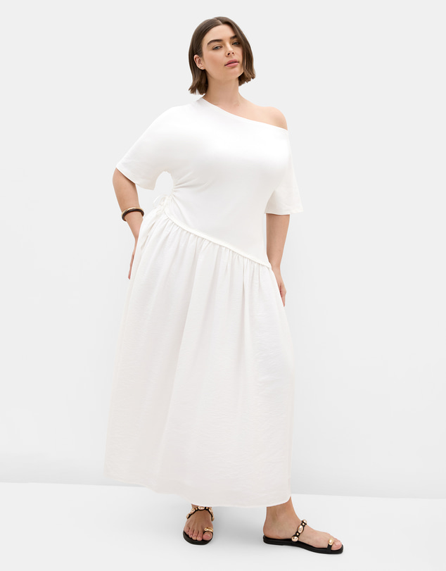 City Chic - Plus size Off Shoulder Mixed Media Maxi Dress - ivory