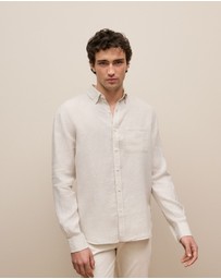 Trenery - Regular Fit Linen Micro Check Long Sleeve Shirt in Stone
