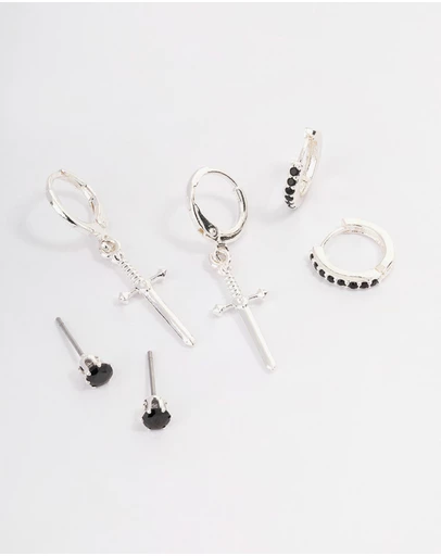 Lovisa - Silver Plated Brass  Cubic Zirconia Dagger Huggie Earrings Pack
