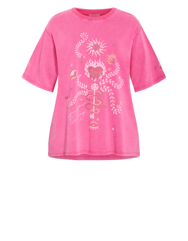 City Chic - Plus size Flaming Heart Cotton Tee - pink stone wash