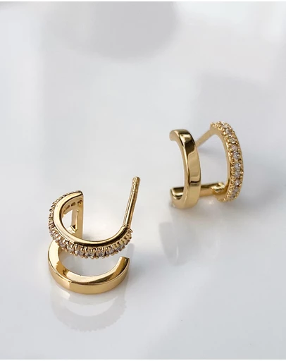 Wanderlust + Co - Classic Double Pave Gold 9mm Huggie Earrings