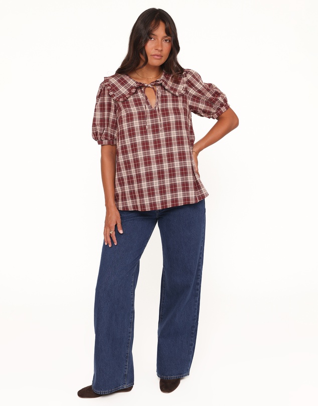 Petal & Pup - Evandri Frill Collar Top - Burgundy Plaid