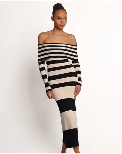 Petal & Pup - Banks Off Shoulder Knit Dress - Black Cream Stripe