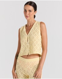 Poolside Paradiso - Messina Crochet V Knit Button Up Top - Lemon