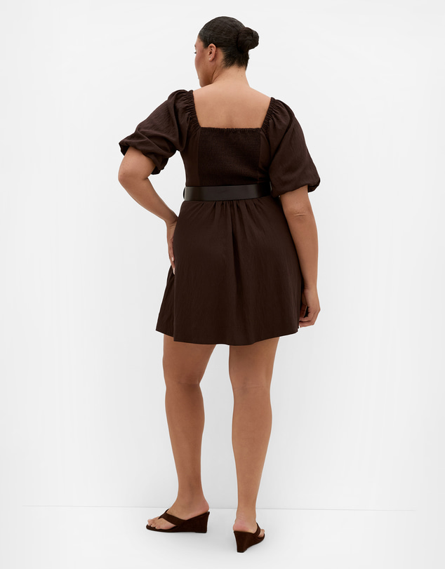 City Chic - Plus size Collins Puff Sleeve Belted Mini Dress - chocolate