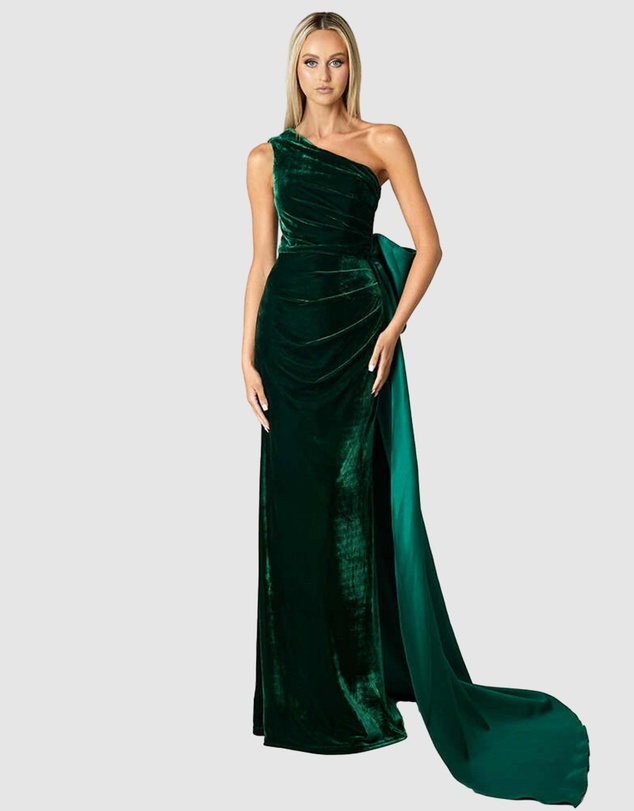 Bariano - Kalista One Shoulder Gown With Back Bow Train