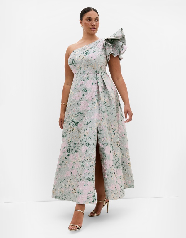 City Chic - Plus size Enchanting One Shoulder Jacquard Gown - silver