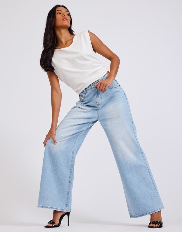 ONE TEASPOON - Love Machines Mid Waist Super Wide Leg Heartless Denim Jeans - Blue