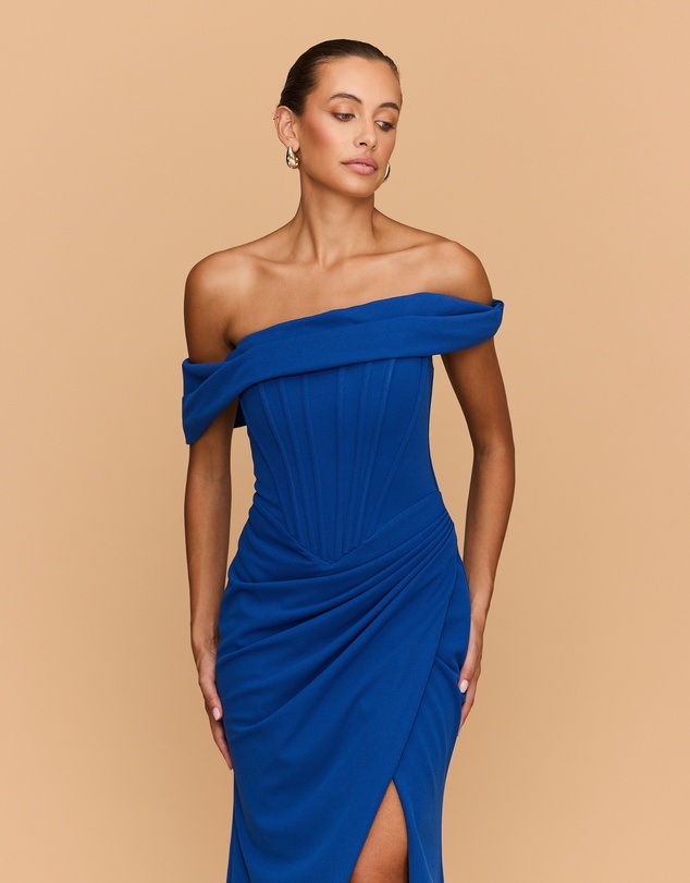 CATHERINE FERRARO - Sapphire Off Shoulder Gown