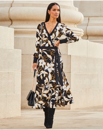 Sosandar - Floral Print Contrast Trim Midi Wrap Dress
