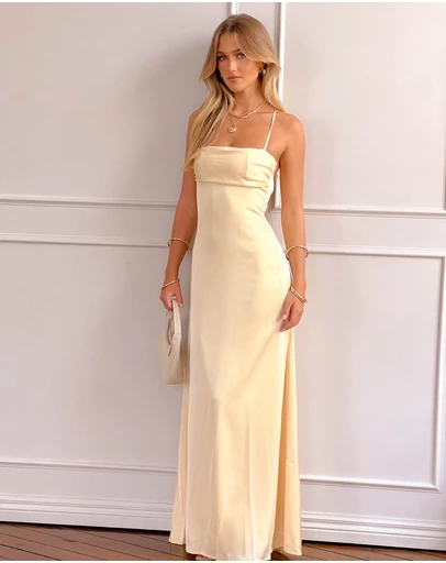 Beginning Boutique - Blaise Yellow Satin Maxi Dress