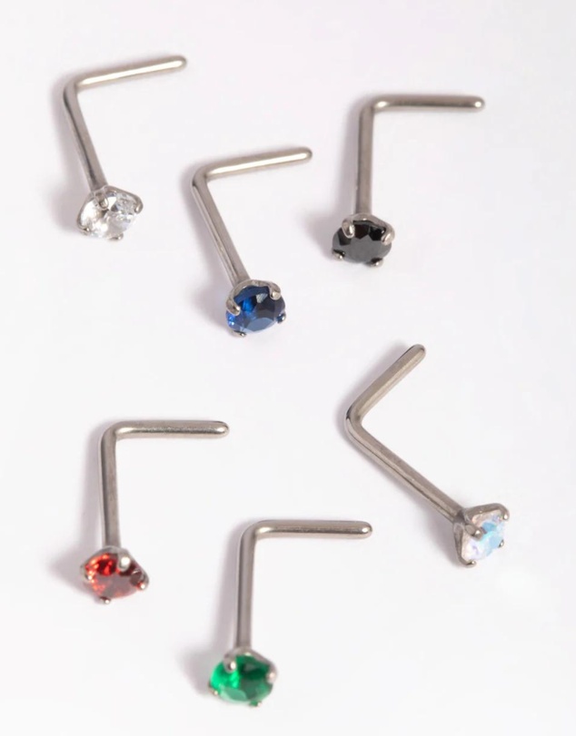 Lovisa - Titanium Mixed Stone Nose Stud 6-Pack