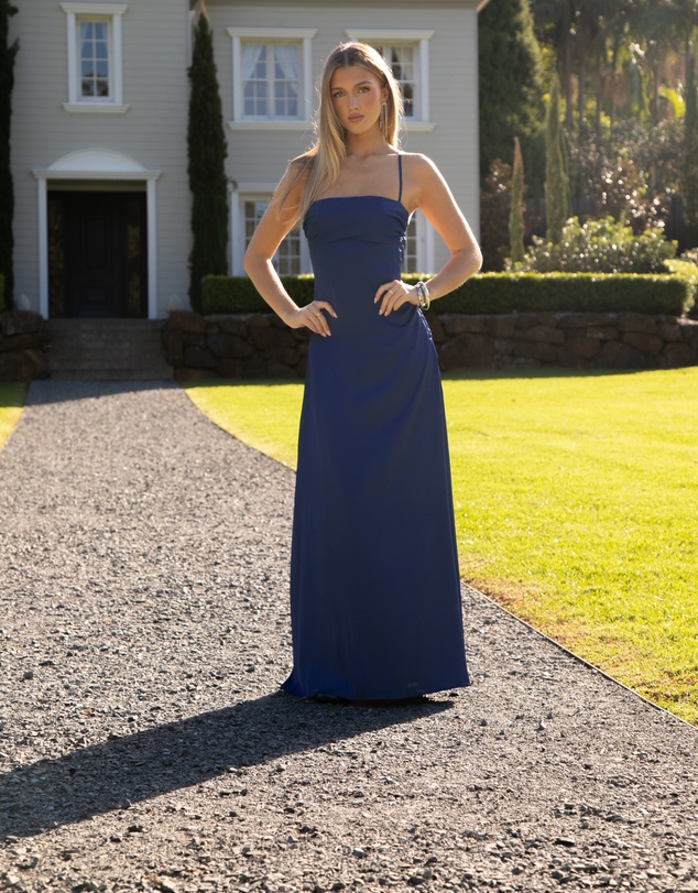 Beginning Boutique - Blaise Navy Satin Maxi Dress