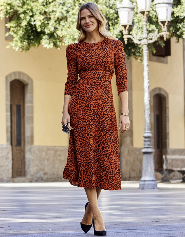 Sosandar - Animal Print Ruched Shoulder Midi Dress