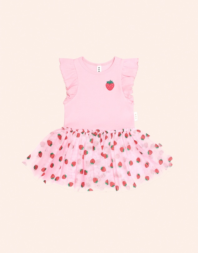 Huxbaby - Strawberry Embroidered Short Sleeve Tulle Dress - Babies-Teens
