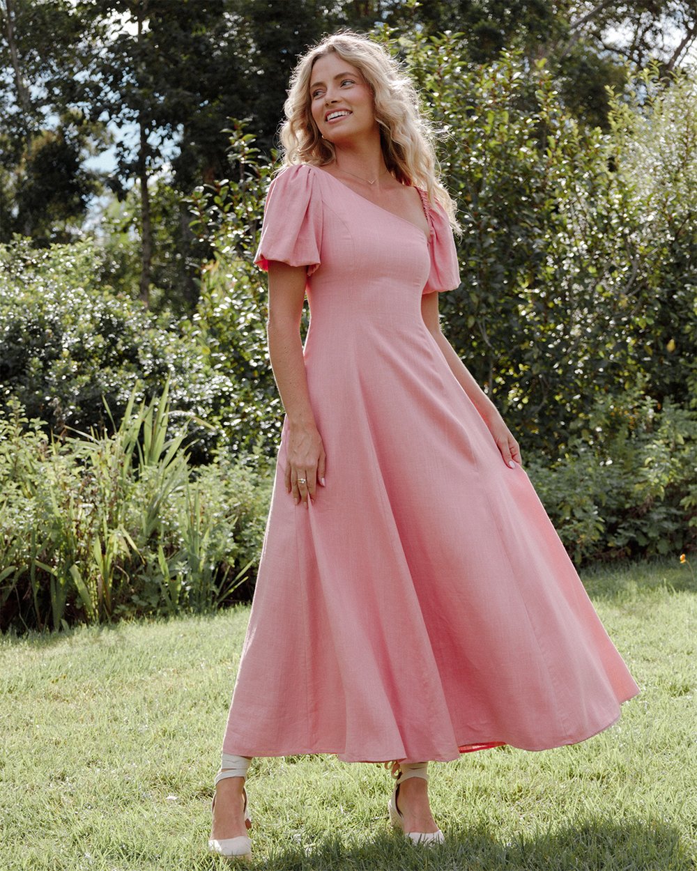 strapless open back dress Pink Flared Trousers