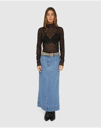 Belle & Bloom - Edge Line Denim Maxi Skirt with Side Buttons