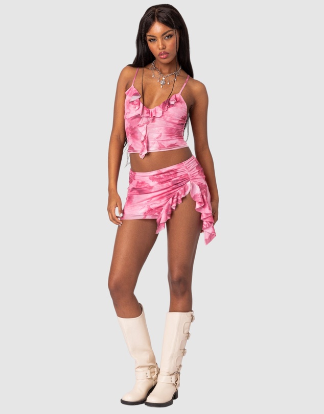 EDIKTED - Wanda Printed Mesh Ruffled Mini Skirt