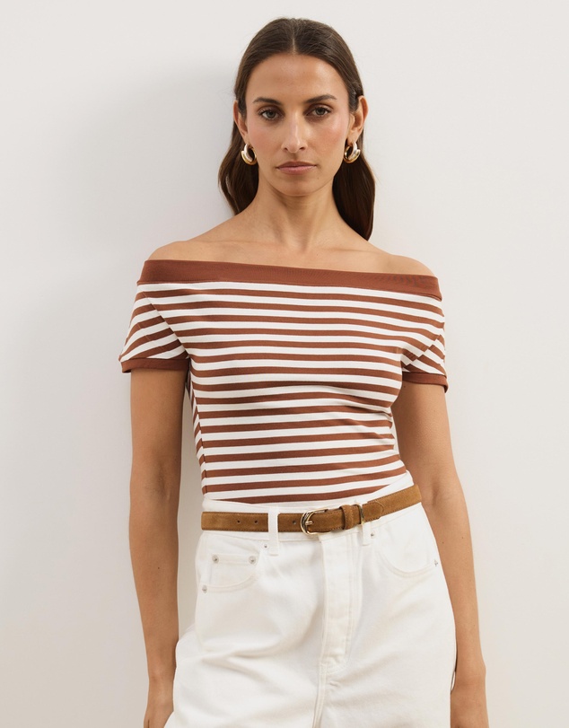 Atmos&Here - Esme Stripe Jersey Off Shoulder Top